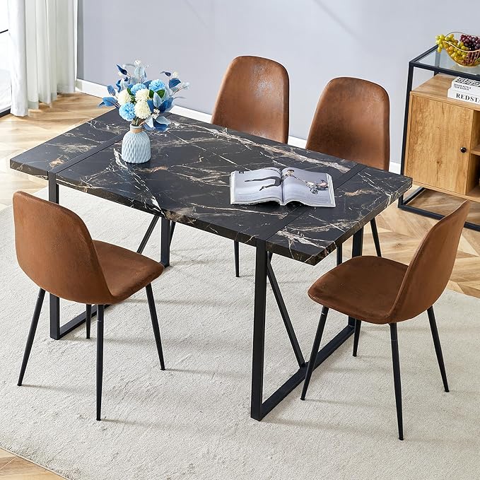 Dining Table Set for 4,Modern Rectangle Dining Table and Fabric Dining Chairs 4, 5 Piece Kitchen Table and Chairs for 4
