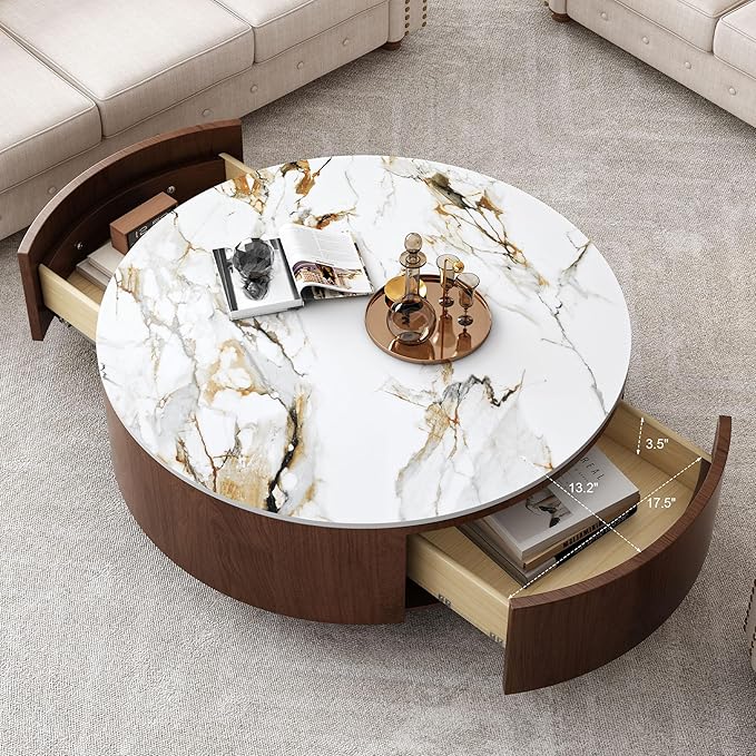 SSLine Modern Round Drum Coffee Table Luxury Sintered Stone Top Coffee Table with Storage Drawers,Walnut Wood Frame and Brushed Stainless Steel Legs,Marble Grain Center Table for Living Room
