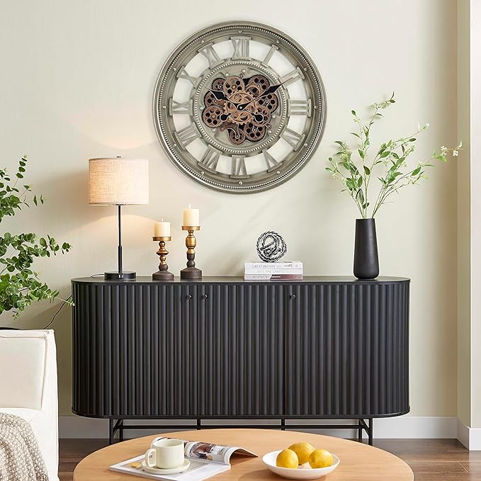 CLXEAST 24 Inch Wall Clock with Moving Gears, Oversized Large Roman Numeral Wall Clocks for Living Room Decor,Antique Champagne Finish,House Warming Gifts New Home