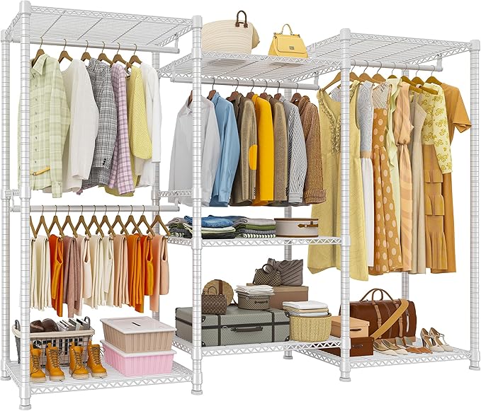 Raybee Heavy Duty Clothes Rack Load 900Lbs, Clothing Rack for Hanging Clothes for Bedroom 77" H x 69'' W x 16'' D,White