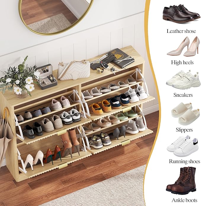 Shoe Cabinet Storage for Entryway with 4 Flip Drawers, Oak Fluted Shoe Cabinet with Adjustable Shelves, Wooden Hidden Shoes Rack Freestanding Narrow Slim Shoes Storage for Hallway, Entrance