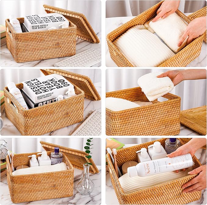 Rattan Basket With Lid, Large Lidded Basket For Storage(15.7" L×11.8"W×6.7"H)