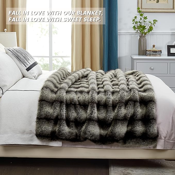 JONIYEAR High-end Premium Fuzzy Faux Wolf Fur Throw Blanket 50" x 60", Luxury Cozy Accent Thick Animal Skin Fluffy Fox Blanket for Couch Sofa, Soft Warm Gray Bear Furry Blankets for Winter, Black Grey