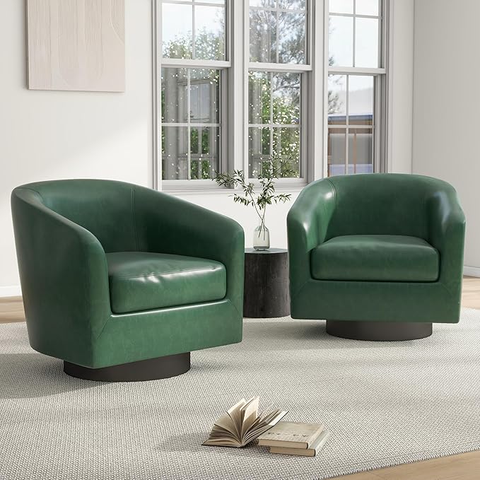 Swivel Barrel Chair, Modern Round PU Leather Accent Armchair for Living Room, Bedroom, Oversized Comfy Club Reading Chairs for Adults (Leather Green, Set of 2)