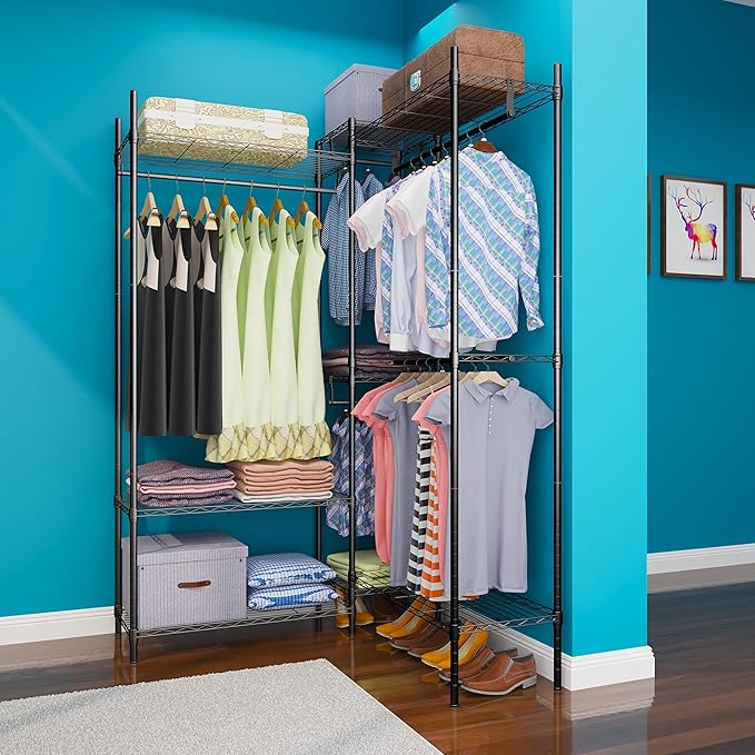 6 Tiers Heavy Duty Clothes Shelf,Metal Garment Rack, Adjustable Garment Rack with Hanging Rod and Wire Fixing Baskets,Max Load 720LBS,Black