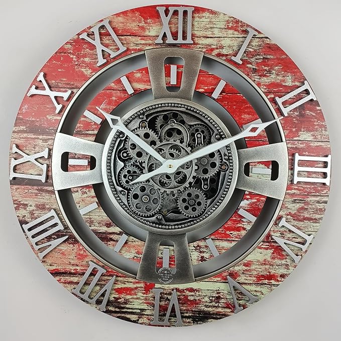 The Gears Clock Real Moving Gear Wall Clock England Line (Red Lava, 24 inches (60 cm))