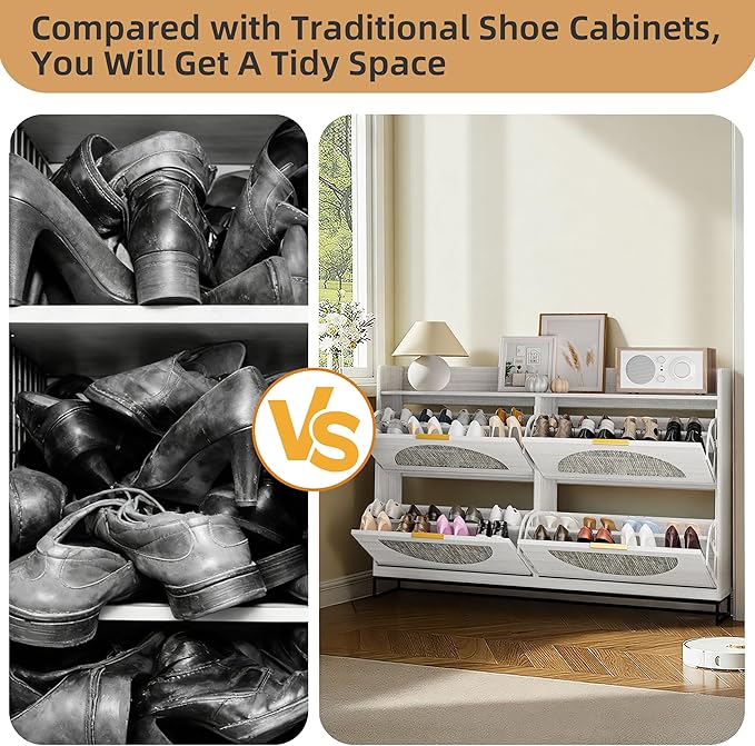 Large Shoe Cabinet Storage for Entryway Hidden Rattan Shoe Cabinet with 4 Flip Drawers Freestanding for Entryway、Hallway Beige