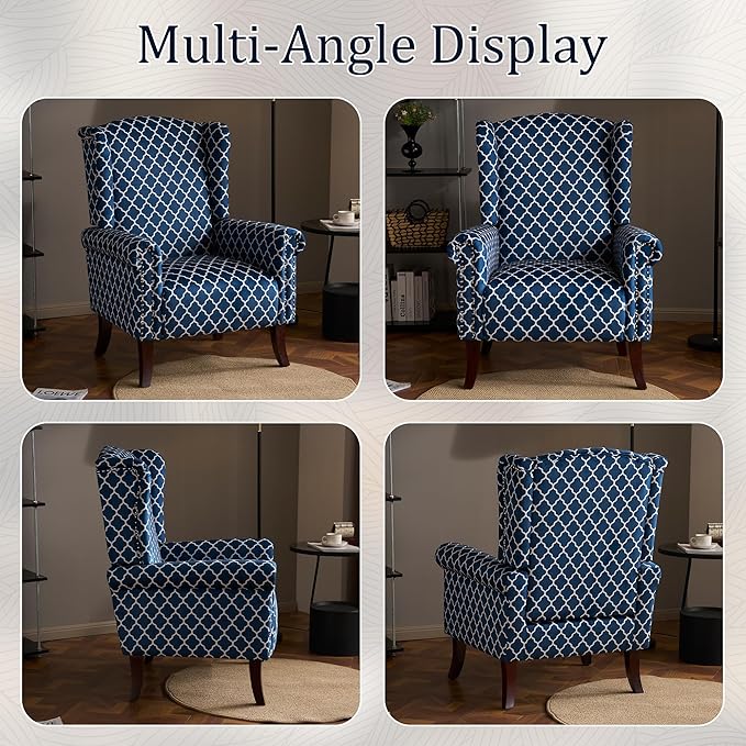 MOJAY Modern Accent Chair, Comfy Wingback Armchair Blue Plaid Club Chair with Wooden Legs for Living Room, Bedroom, Office, or Balcony