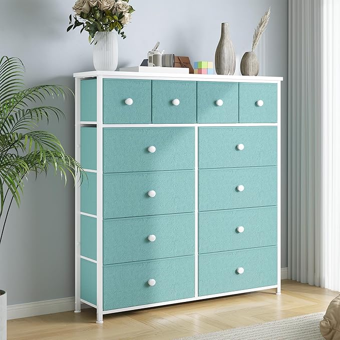 Dresser for Bedroom with 12 Drawers, Fabric Dressers & Chest of Drawers with Sturdy Metal Frame, Wood Top, for Woman, 40.6" W x 11.8" D x 44.5" H (Turquoise)