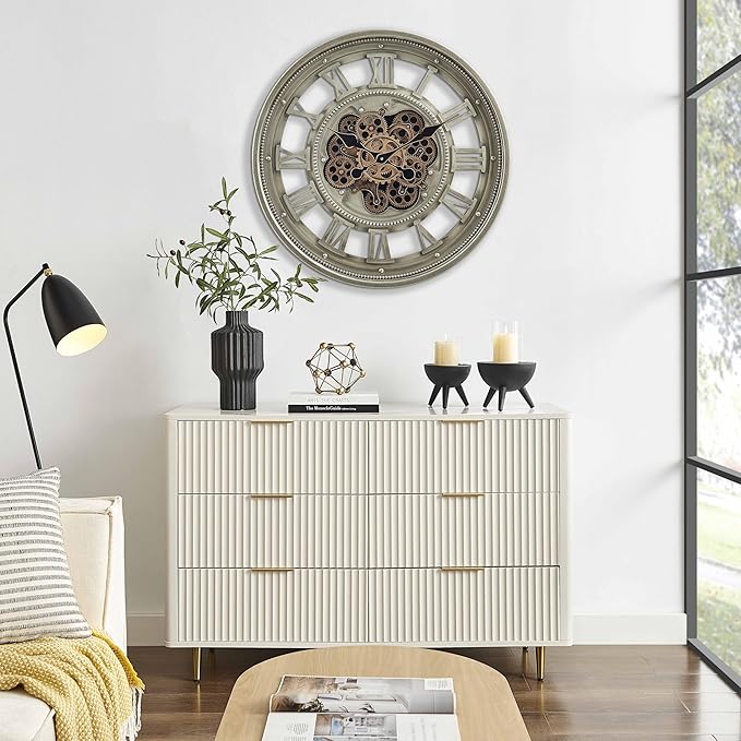 CLXEAST 24 Inch Wall Clock with Moving Gears, Oversized Large Roman Numeral Wall Clocks for Living Room Decor,Antique Champagne Finish,House Warming Gifts New Home