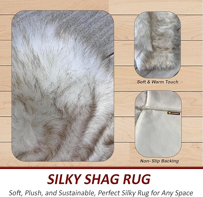 Free Shape Luxury Soft Fluffy Shag Area Rug Single Quarto 4 Pelts 4'x6',120x180 cm - Vegan Fur Ultra Soft Indoor Carpet Nursery Rugs for Bedroom Home Decor, White with Brown Tips