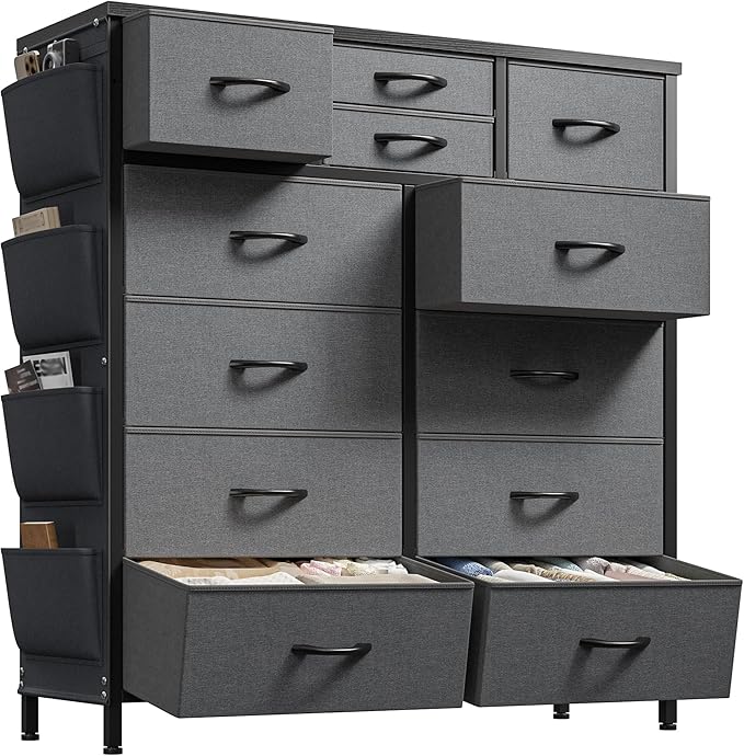 EnHomee Dresser for Bedroom with 12 Drawers, Dressers & Chest of Drawers with Side Pockets, Fabric Dresser for Bedroom, Hallway, Living Room, Sturdy Metal Frame, Wood Top, Grey