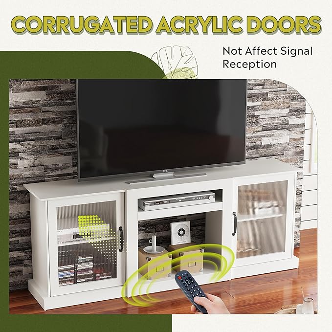 WLIVE Farmhouse TV Stand for 75 inch TV, Entertainment Center with Storage Cabinets, Mid Century Modern TV Console for Living Room, Bedroom, White