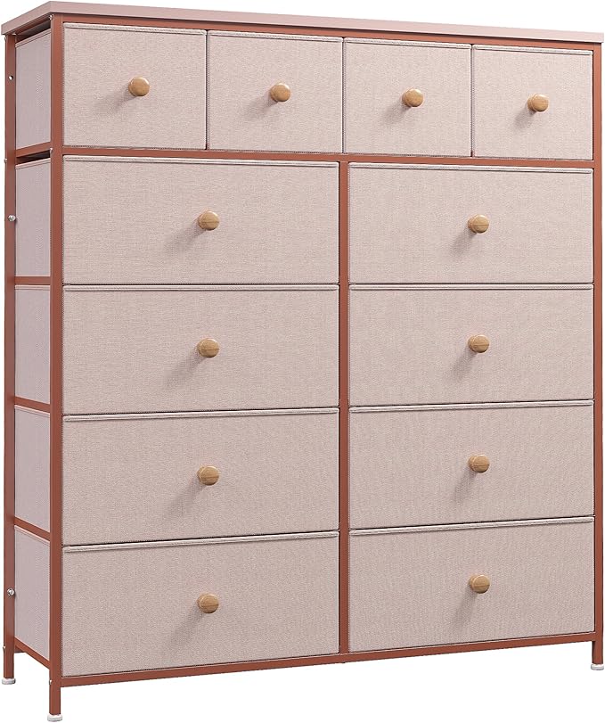 Dressers for Bedroom with 12 Drawers, Fabric Dressers & Chests of Drawers, Sturdy Metal Frame, Wood Top, Entryway, Bedroom Furniture (Pink)