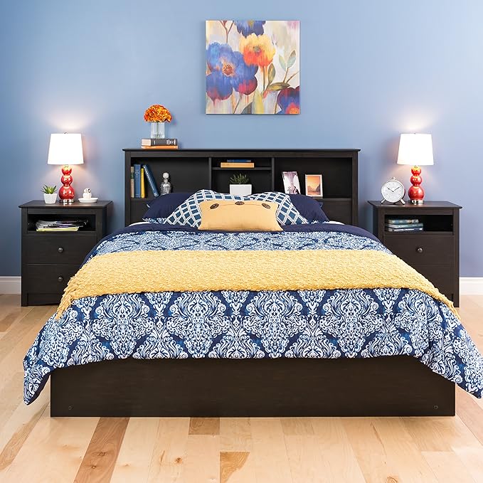 Prepac Sonoma Traditional Tall Nightstand Side Table with 2 Drawers and Open Shelf, Functional Bedside Table 16" D x 23.25" W x 28" H, Washed Black, HDC-2428-V