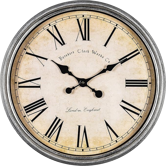 Bernhard Products Large Decorative Wall Clock 20 Inch Silent Non Ticking Battery Operated Quartz Vintage Stylish with Rustic Silver Rim for Home Living Room Dining Room Kitchen & Over Fireplace