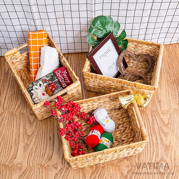 Natural Water Hyacinth storage basket with Handle, Rectangular Organizing Basket for Organizing, Decorative Wicker Storage Bins for Living Room, Medium Wicker Baskets - 3 Pack Medium