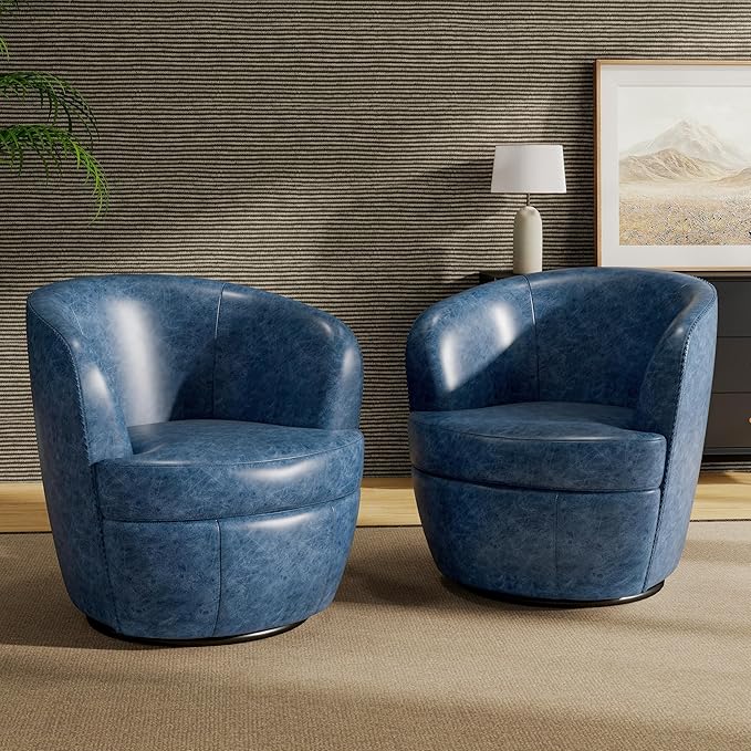 Swivel Barrel Chair, Modern Round PU Leather Accent Armchair for Living Room, Bedroom, Comfy Club Reading Chairs for Adults (Leather Navy Blue, Set of 2)