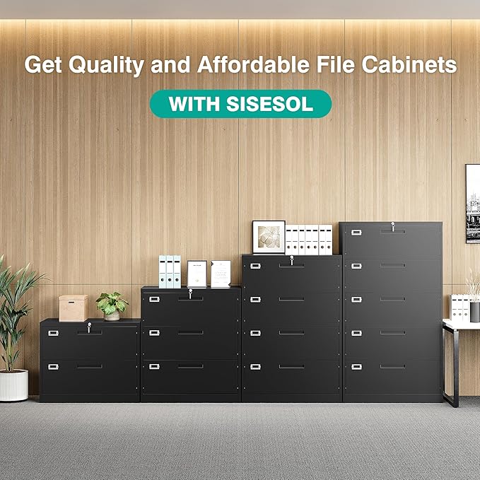 SISESOL 4 Drawer Lateral File Cabinet with Lock,Black Lateral Filing Cabinet,Horizontal Metal Filing Cabinet,Locked Wide Four Drawer File Cabinet for Office Home,Fit A4/F4/Letter/Legal File