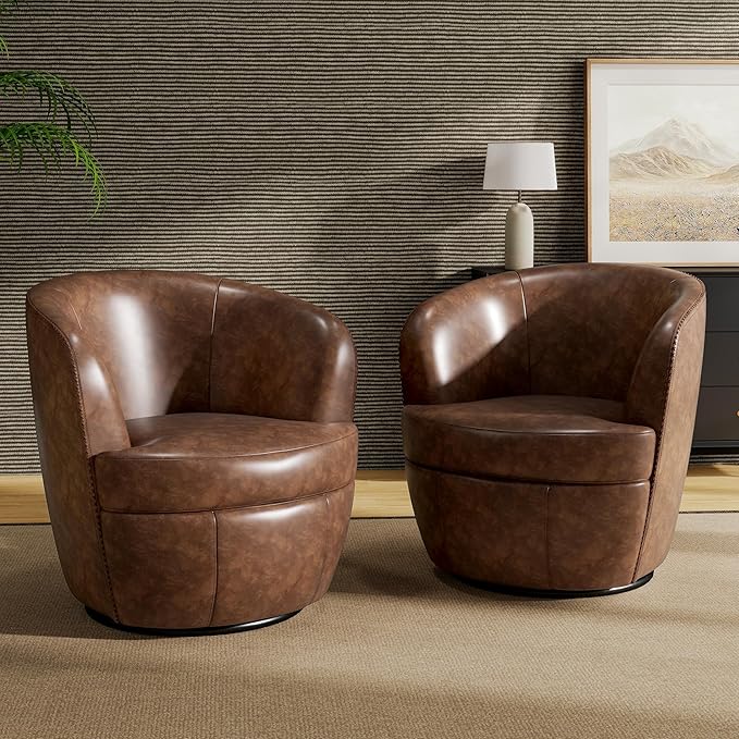 Swivel Barrel Chair, Modern Round PU Leather Accent Armchair for Living Room, Bedroom, Comfy Club Reading Chairs for Adults (Leather Coffee, Set of 2)