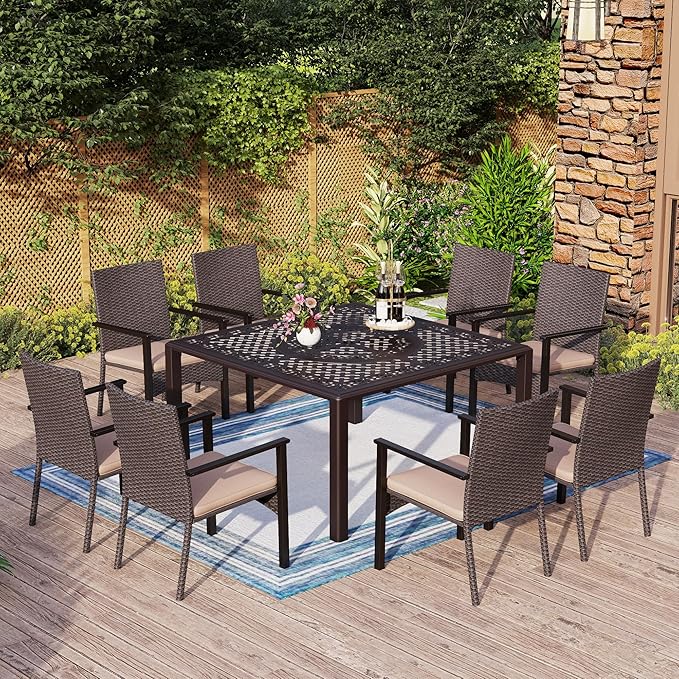 MFSTUDIO Outdoor Patio Dining Sets for 8, All Weather Square Cast Aluminum Outdoor Table and 6 Wicker Chairs, 7 Piece Patio Furniture Set for Deck, Backyard, Garden